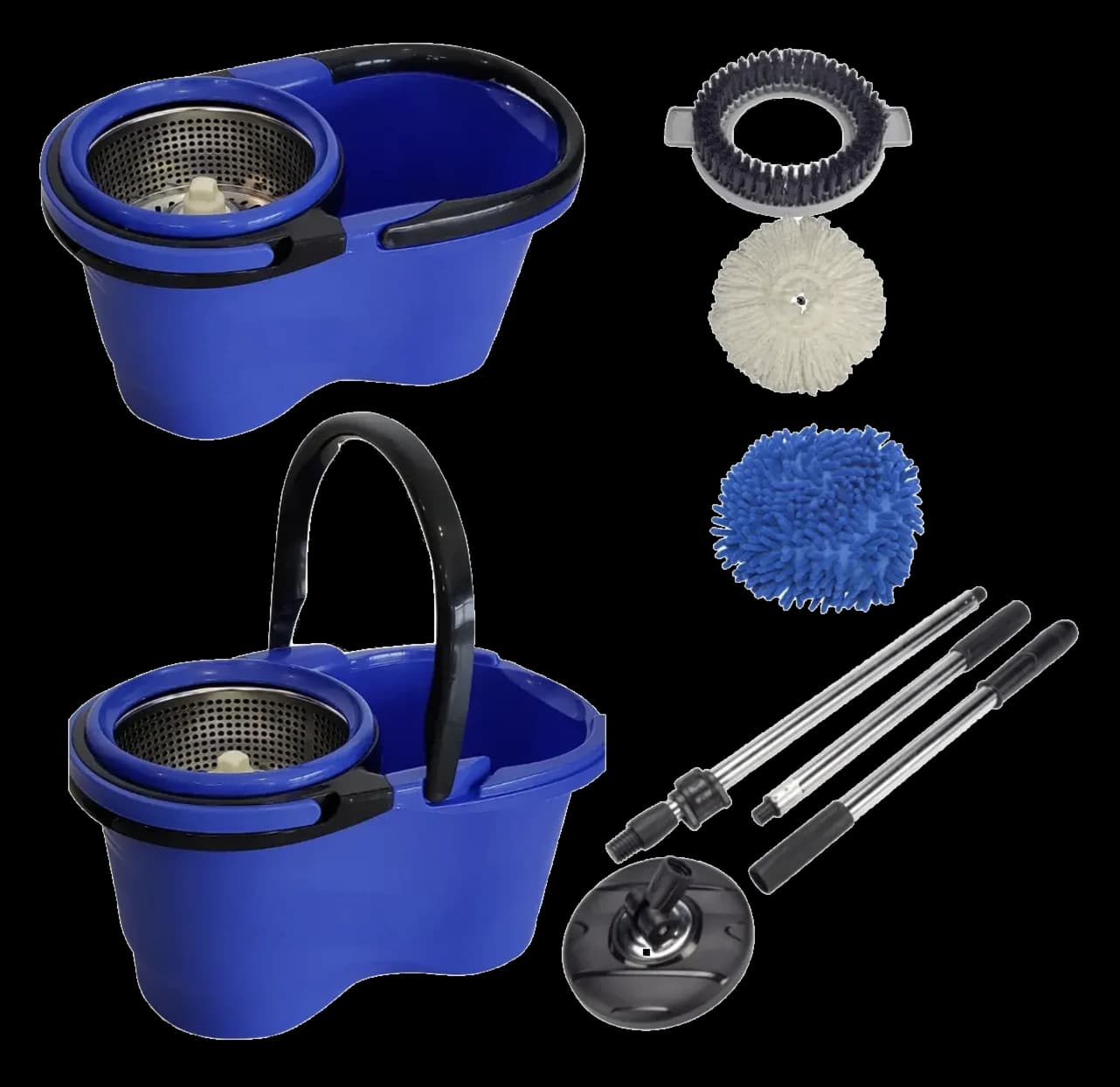 Tudo o que vem na caixa: o balde azul visto de dois ângulos, o escovão, os dois refis de microfibra, o cabo desmontado e a base giratória.